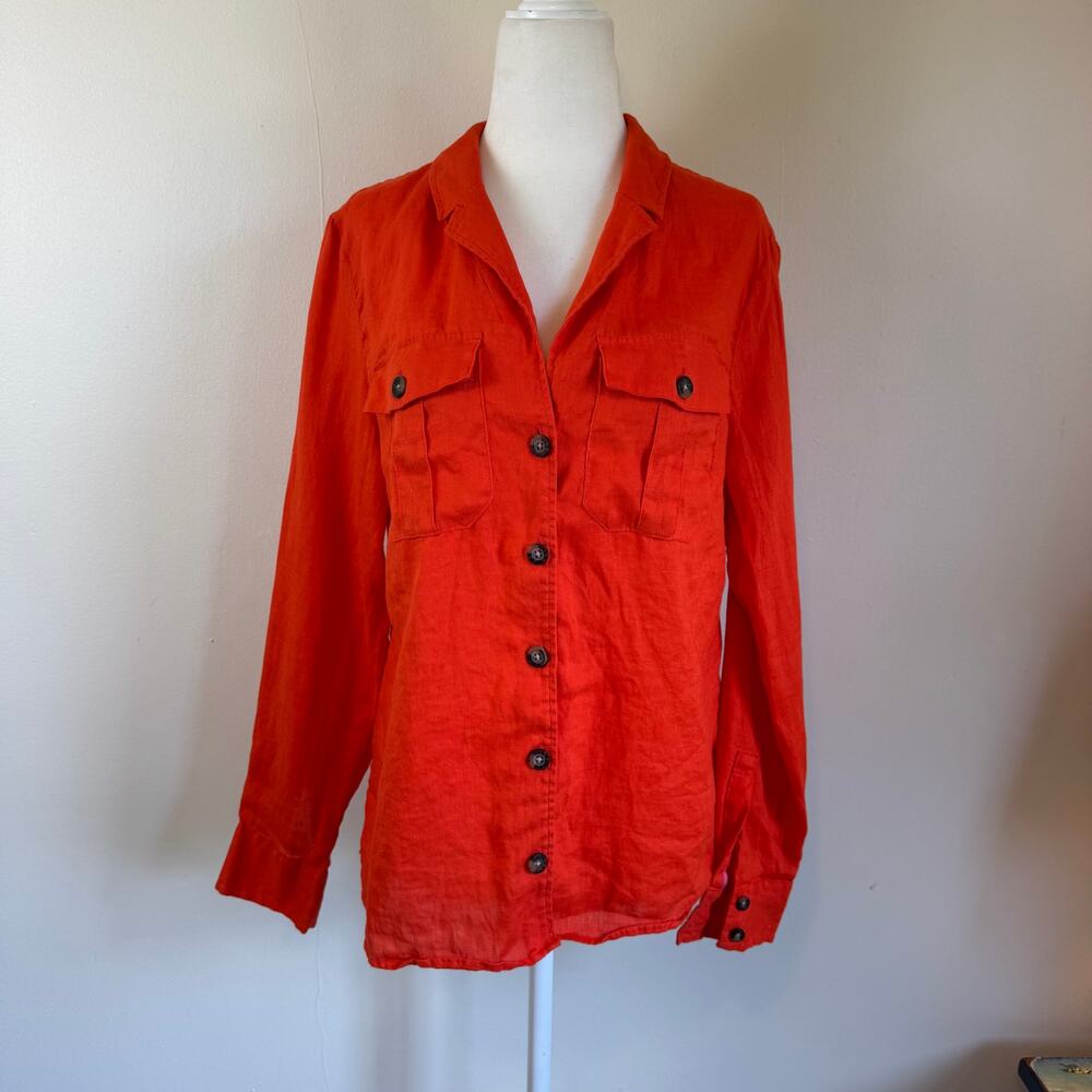 Boden 100% Linen 8 M Utility Shirt Coral Orange Bright Button Blouse Top